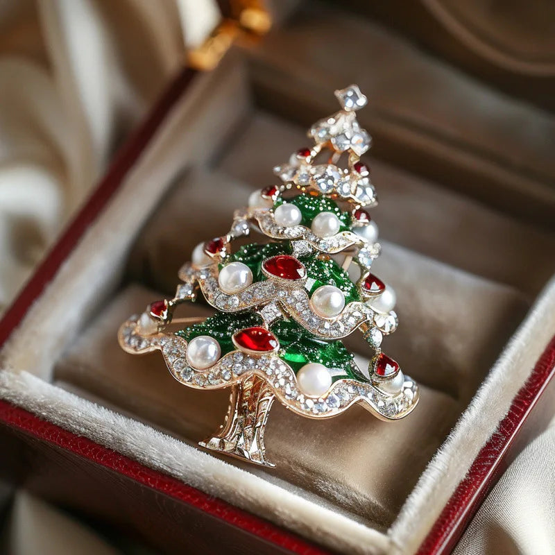 Women Men Luxury Crystal Christmas Tree Pearl Brooch Jewelry Classic Vintage Unisex Party Banquet Pin New Yearl Gift