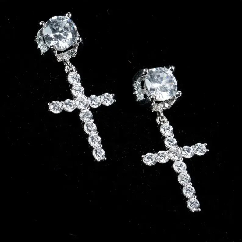 Fashion Punk Gold Color Cross Stud Earrings Hip Hop White Litter Rhimestone Jewelry Piercing Studs for Women Men Ear Accessories