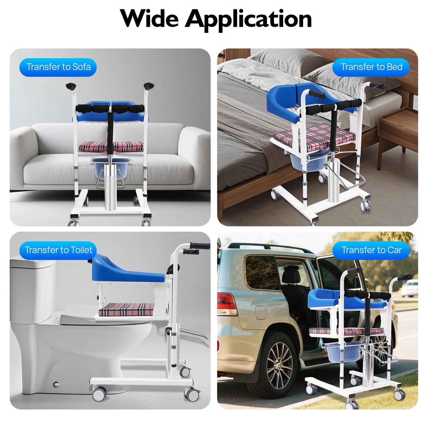 Hydraulic Patient Lifting Wheelchair 198.4lbs Load Portable Potty Transport Wheelchair 16.5-24in Adjustable Height 180° Backrest