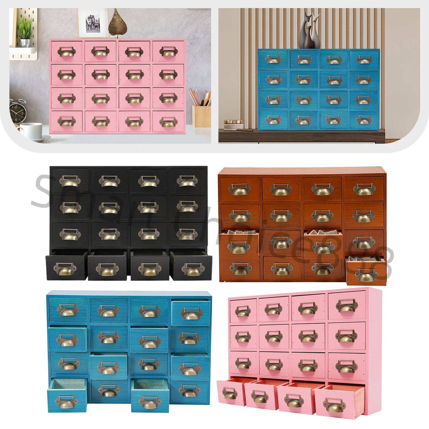 16 Drawers Apothecary Dustproof Mini Drawer Organizer Drawer Box Wood Organizer Craft Cabinet Brown/Black/Pink/Blue