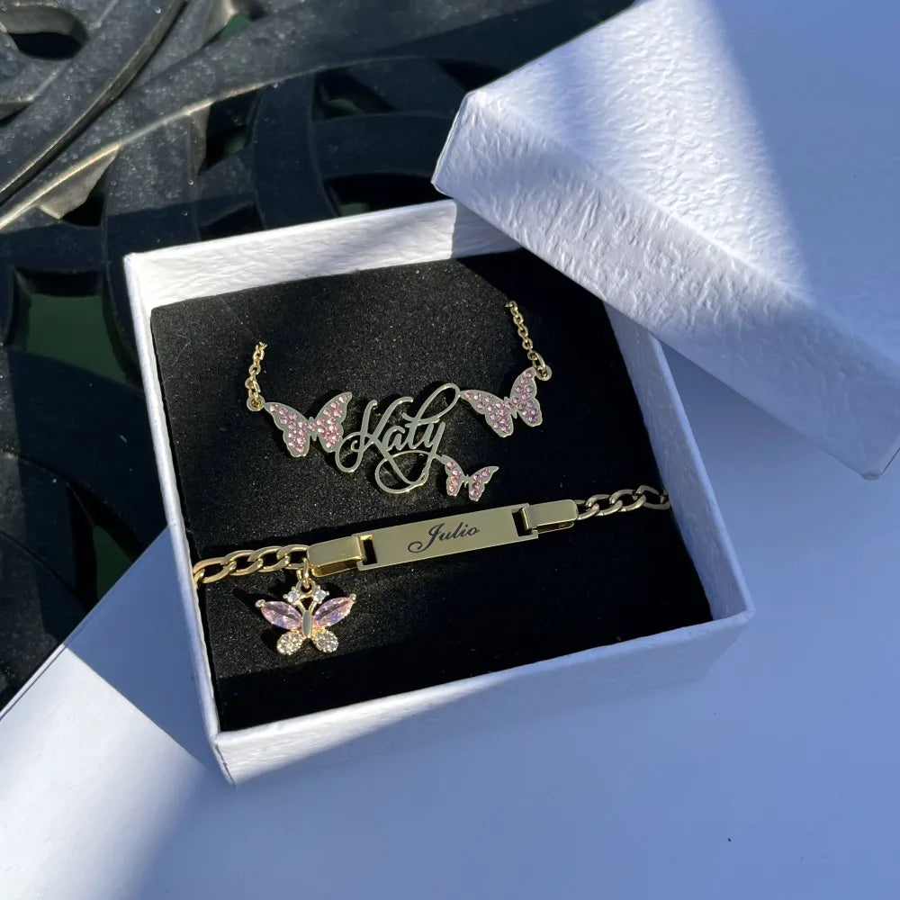 Duoying Pink Butterfly Birthstone Nameplate Necklace Set