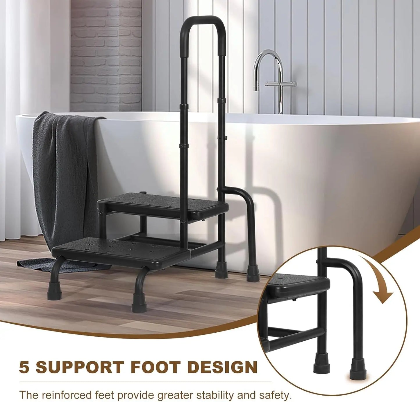 Step Stool with Handle, Medical 2 Step Stool for Elderly with Adjustable Handrail and Reinforced Leg 350LBS