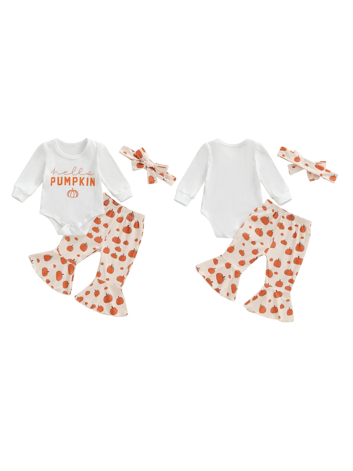 Toddler Girl Halloween Costume Ghost Print Long Sleeve Romper Flare Pants and Headband 3 Piece Set for Party