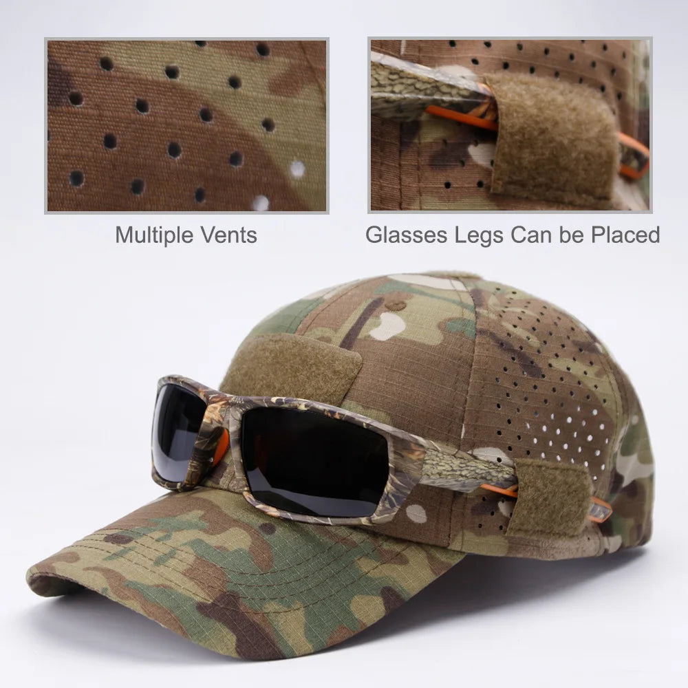 Men Camouflage Baseball Cap Breathable Sunscreen Hat for Outdoor Sports Hiking Fishing Sun Hat with Velcro Can Hang Sunglasses