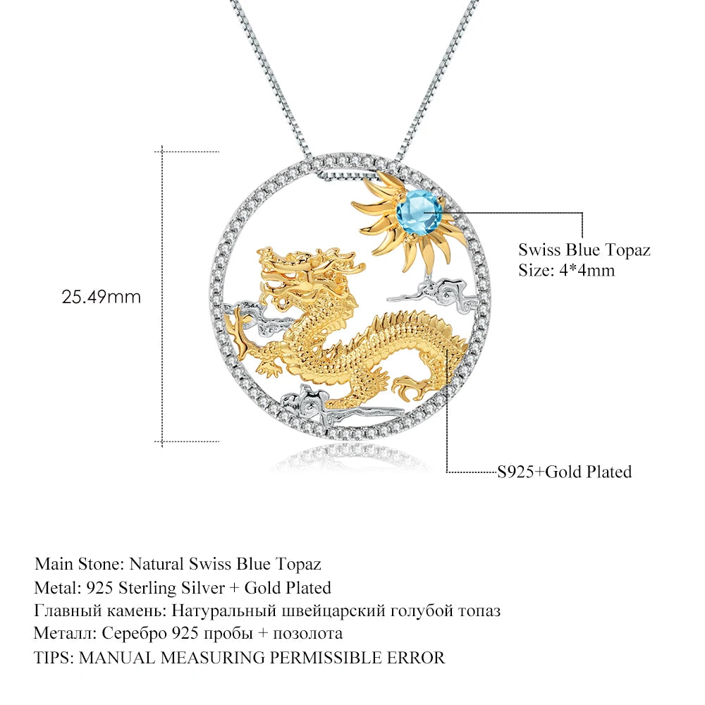 GEM'S BALLET 925 Sterling Silver Natural Swiss Blue Topaz Handmade Dragon Pendant Necklace For Women Chinese Zodiac Jewelry