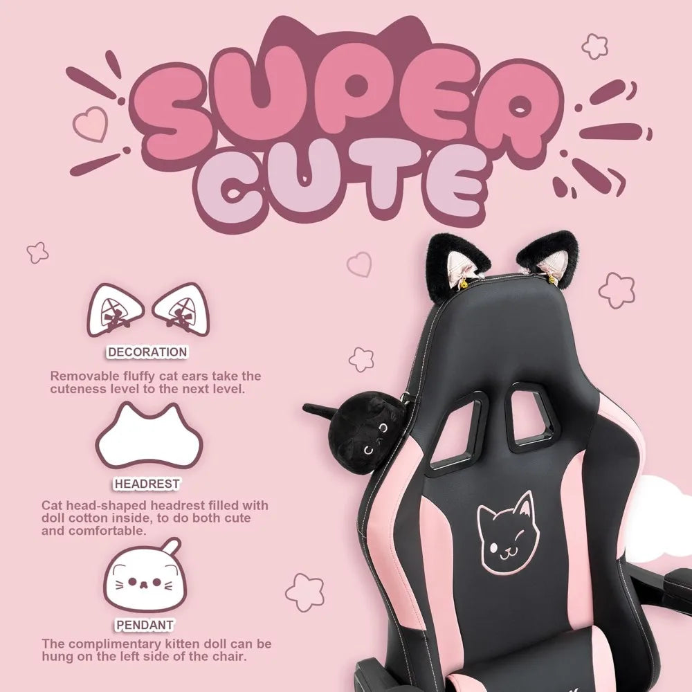 Cute Cat Ear Gaming Chair with Massage Lumbar Support, Ergonomic Computer Chair for Women with Footrest and Headrest