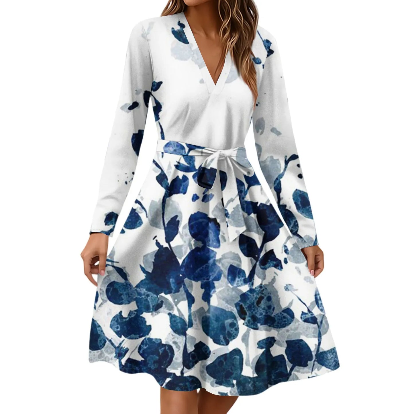 Women'S Fashion Casual V-Neck Long Sleeve Waist Floral Print Midi Dress Vestidos Para Mujer Female Dress Y2k Traf Roupas Feminin