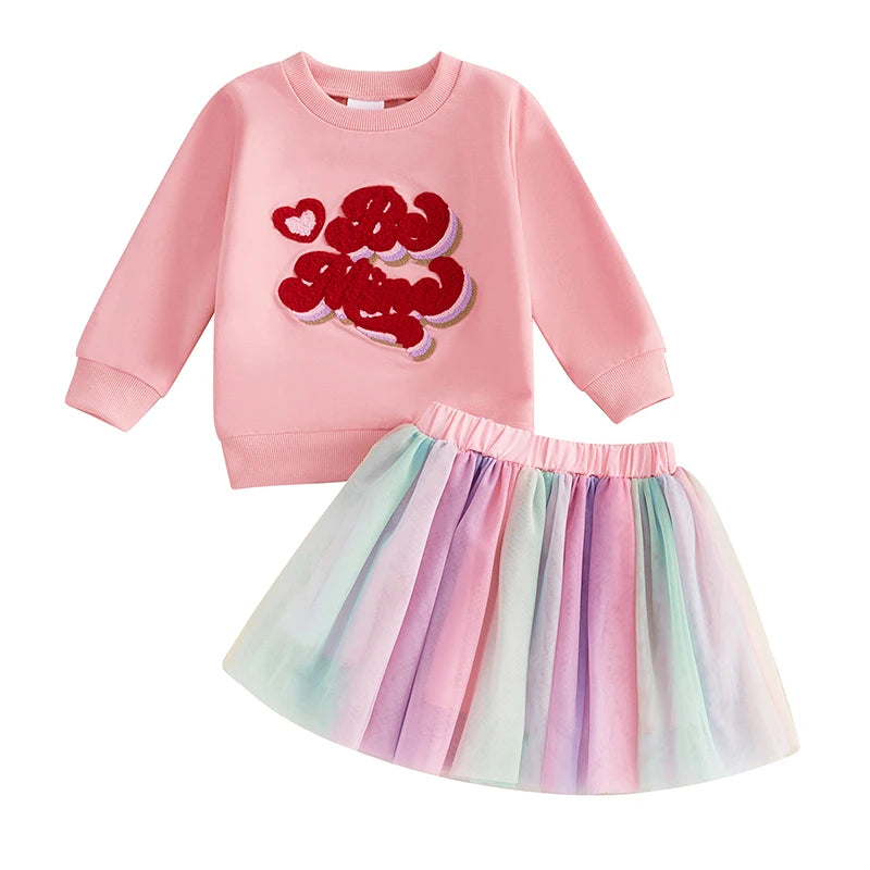 Adorable Toddler Girl Valentine s Day Outfit with Heart Embroidery and Pink Tulle Skirt - 2 Piece Set for a Sweet Look