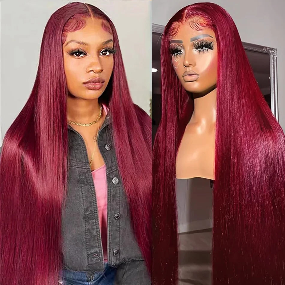 99J Burgundy 13X6 Hd Lace Frontal Human Hair Wigs Straight Lace Front Wigs Pre Plucked 250 Density 30 Inch Pre Plucked For Women