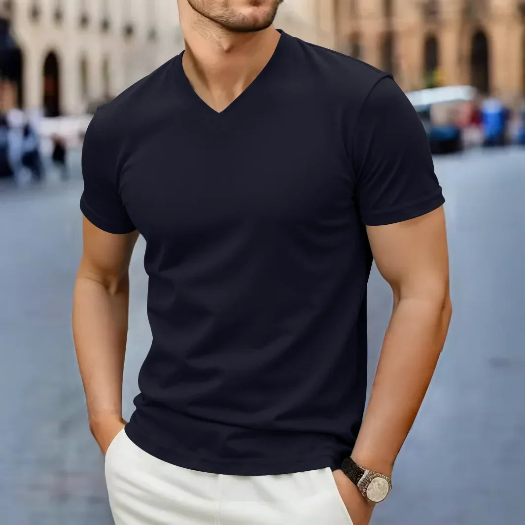 2025 New Men's Casual Fashion Simple V-neck Short Sleeved T-shirt Summer Comfortable Breathable Versatile Top