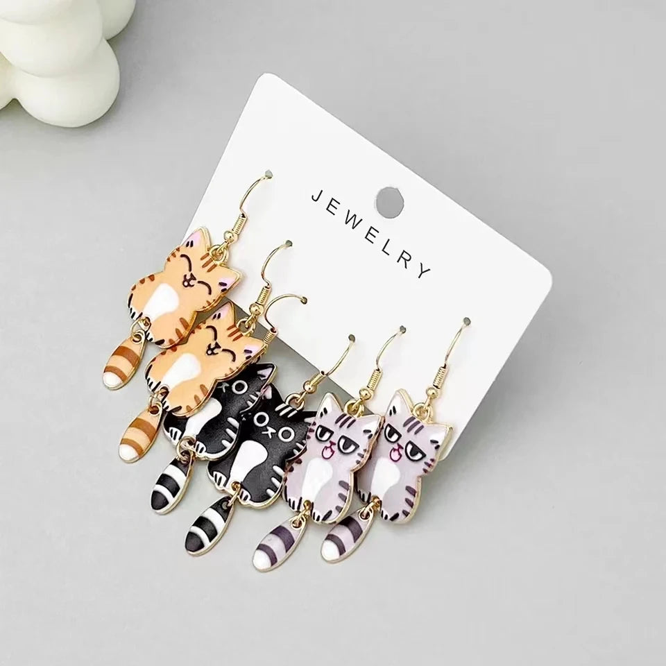 2pcs 3 Pairs Fun and Cute Enamel Alloy Hanging Tail Cat Dangle Earrings Colored Cat Ear Jewelry Set Lovely Gift For Women Girls