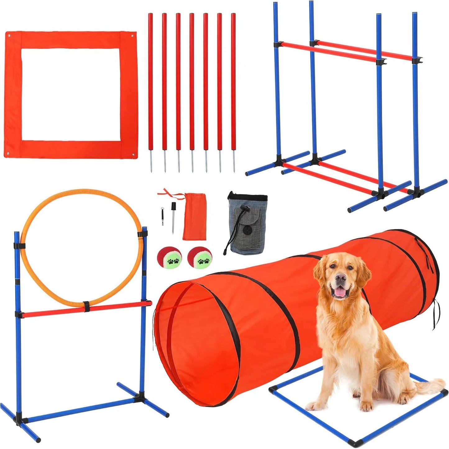 87 Pcs Dog Agile Training Equipment Set Obstacle Course Kit with 70" Tunnel Tire Jump Hurdle Jump Weave Poles for Outdoor Game
