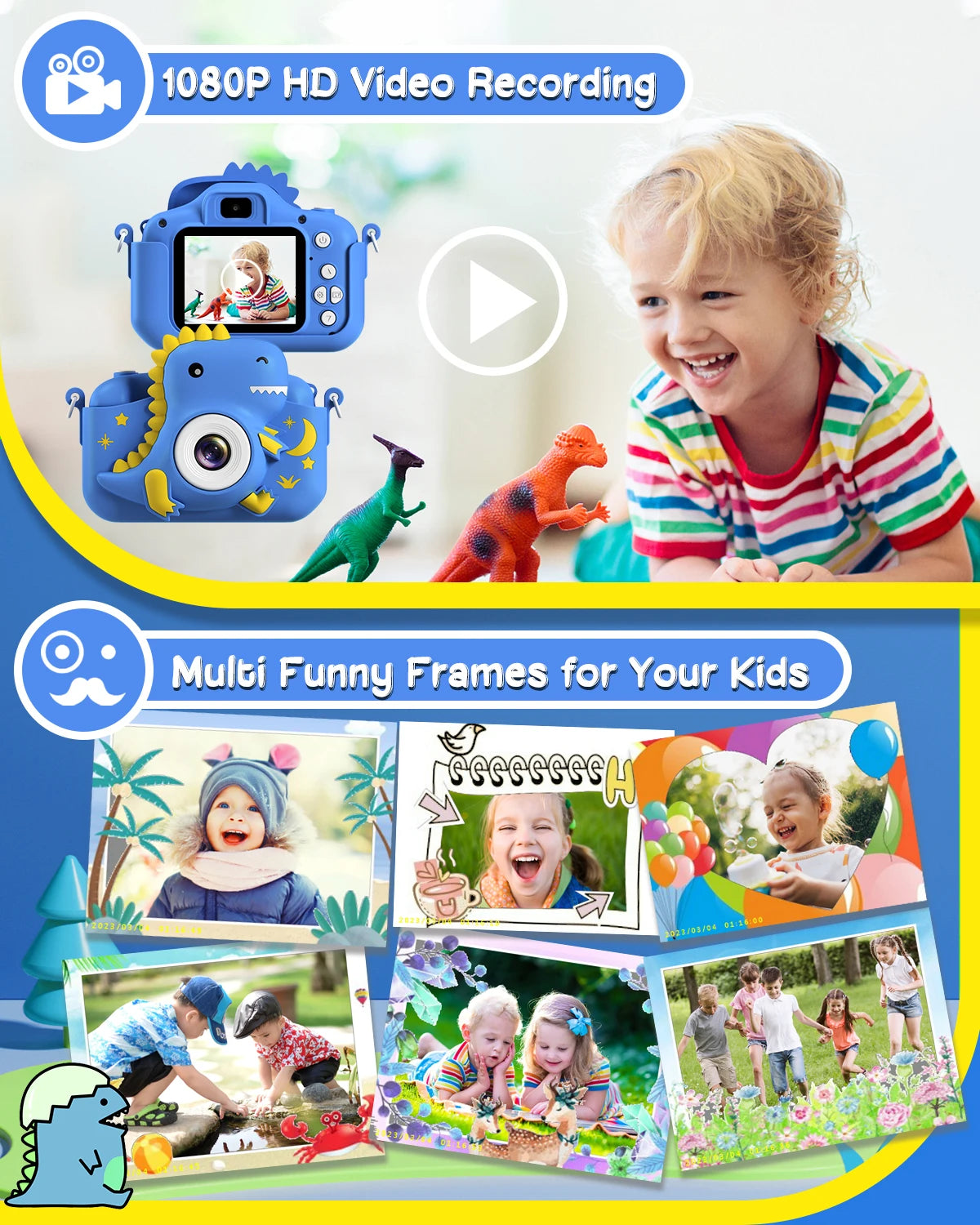 Dinosaur Kids Camera 1080P HD Selfie Camera Portable Toddler Digital Camera Toy Gift For Girls Boys Aged 3-12