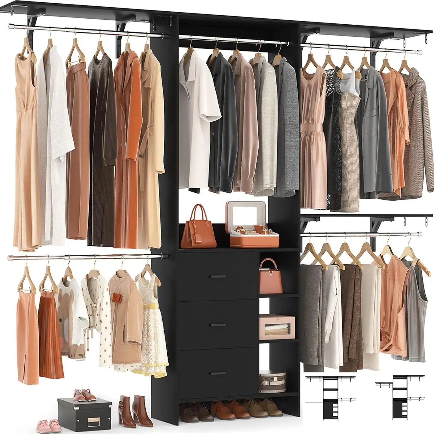 Closet System, Closet Organizer with 3 Wooden Drawers, 8FT Closets Organizer System, 96’’ Walk-in Closet Wardrobe Clothes