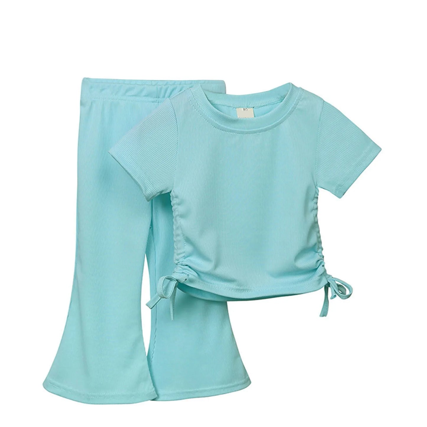 New Korean Short sleeved Set Summer Solid Color Pullover Top+Flare Pants Thin Casual Two Piece Set Suitable for Girls Aged 2-8