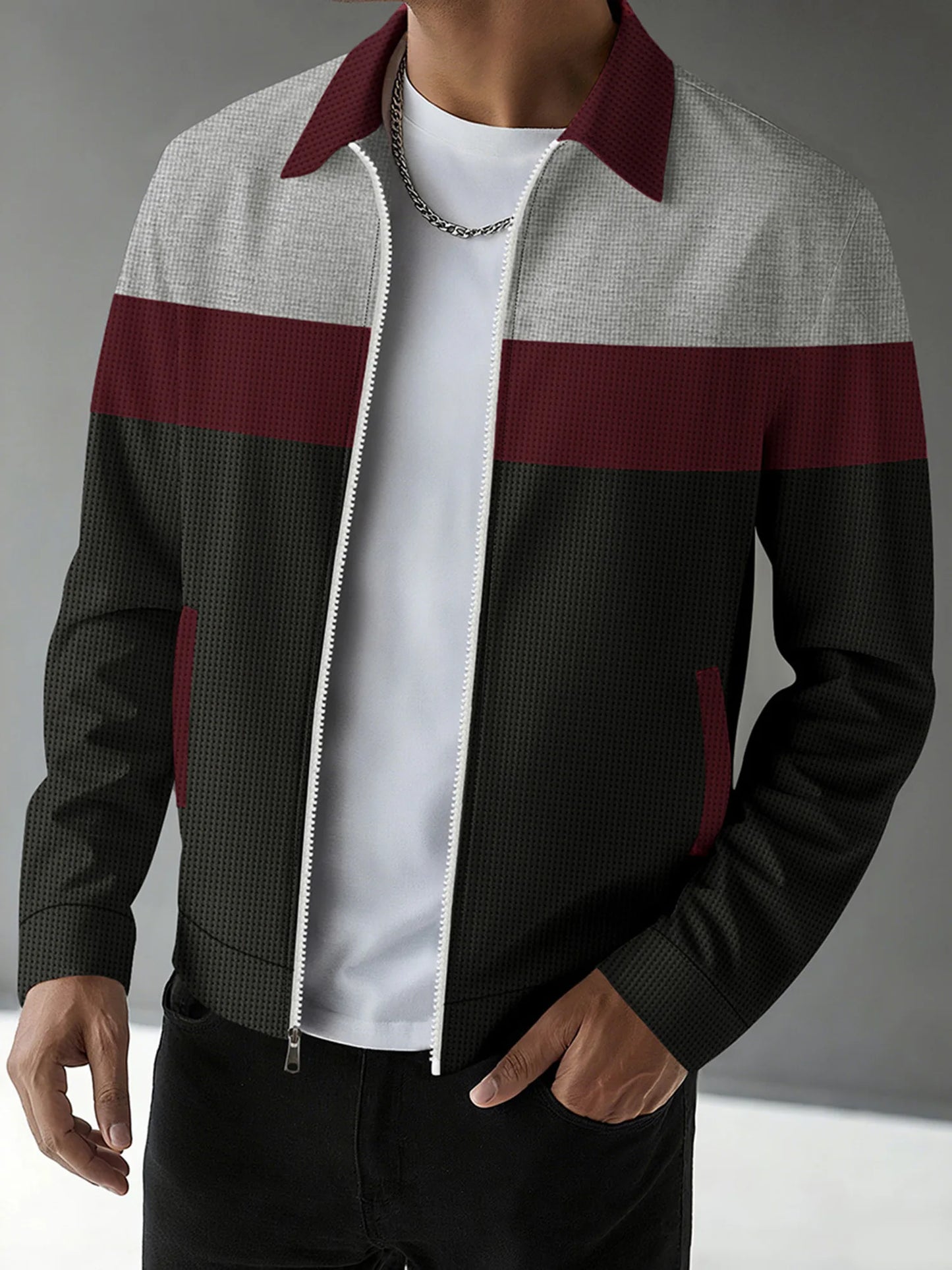 Men s Casual Lapel Collar Zip Up Jacket with Patchwork Design Pockets and Stylish Outerwear for Fall Fashion