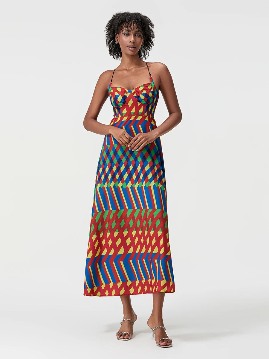 Women s Long Slip Dress Contrast Line Print Sleeveless Spaghetti Strap Backless Flowy Dress