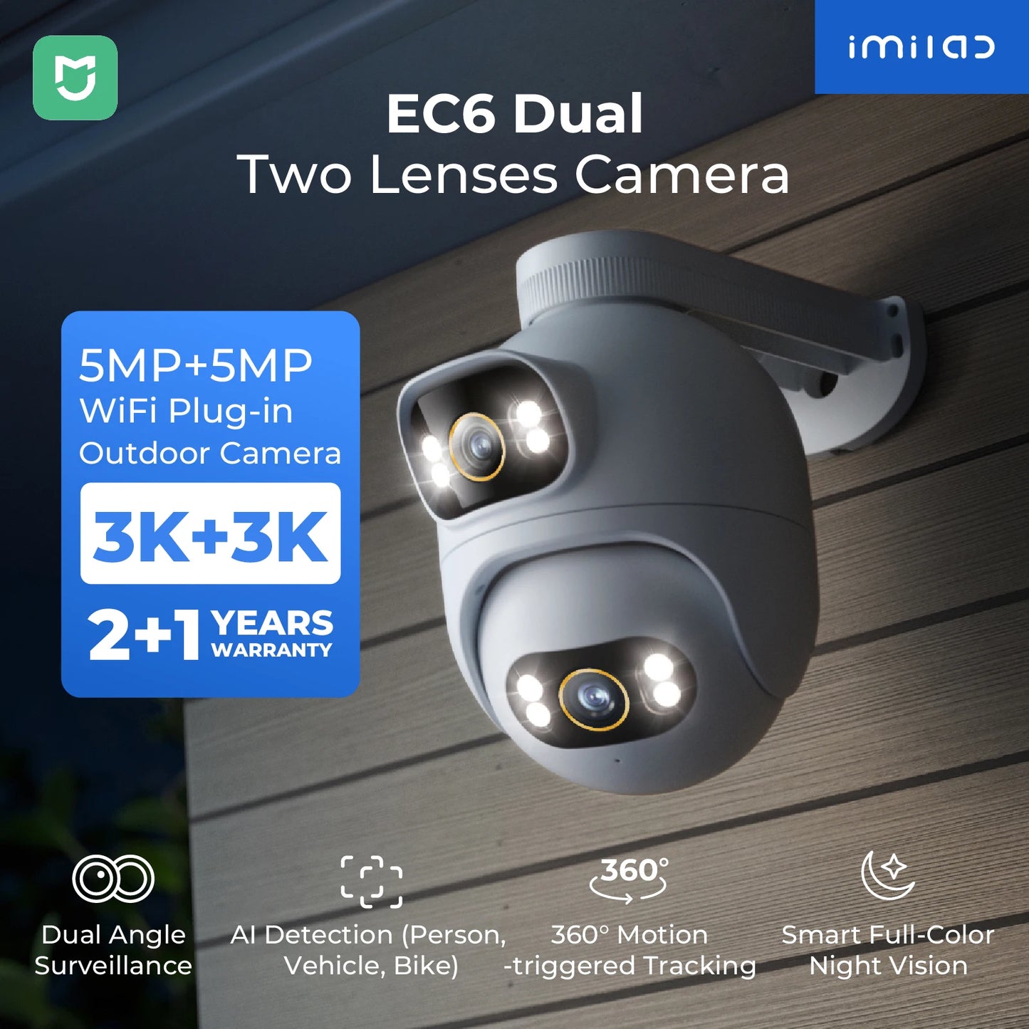 IMILAB New Outdoor Surveillance 3K+3K Dual Lens Camera 360° PTZ/Colour Night Vision/7/24 Work/MiHome App - EC6 Dual Upgraded