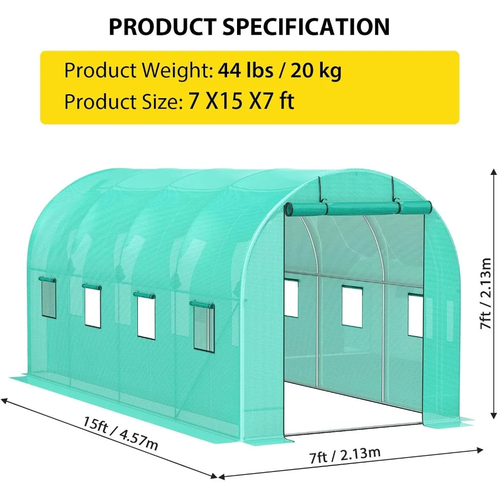 15x7x7 FT Walk-in Greenhouse with 2 Roll-Up Zipper Doors and 8 Windows, Garden Plant Hot House with Galvanized Steel Frame