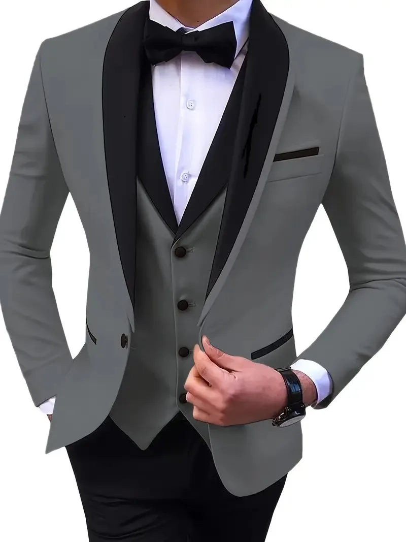 Elegant Slit Men's Suits 3 Piece Black Shawl Lapel Casual Tuxedos for Wedding Groomsmen Suits Men (Blazer+Vest+Pant)