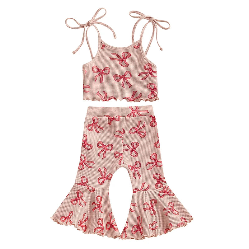 Girls Summer Outfits Adorable Bowknot Print Tie-Up Spaghetti Strap Sleeveless Tank Top with Flare Pants - 2 Piece Clothing Set