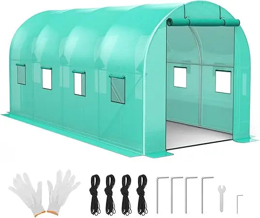 15x7x7 FT Walk-in Greenhouse with 2 Roll-Up Zipper Doors and 8 Windows, Garden Plant Hot House with Galvanized Steel Frame