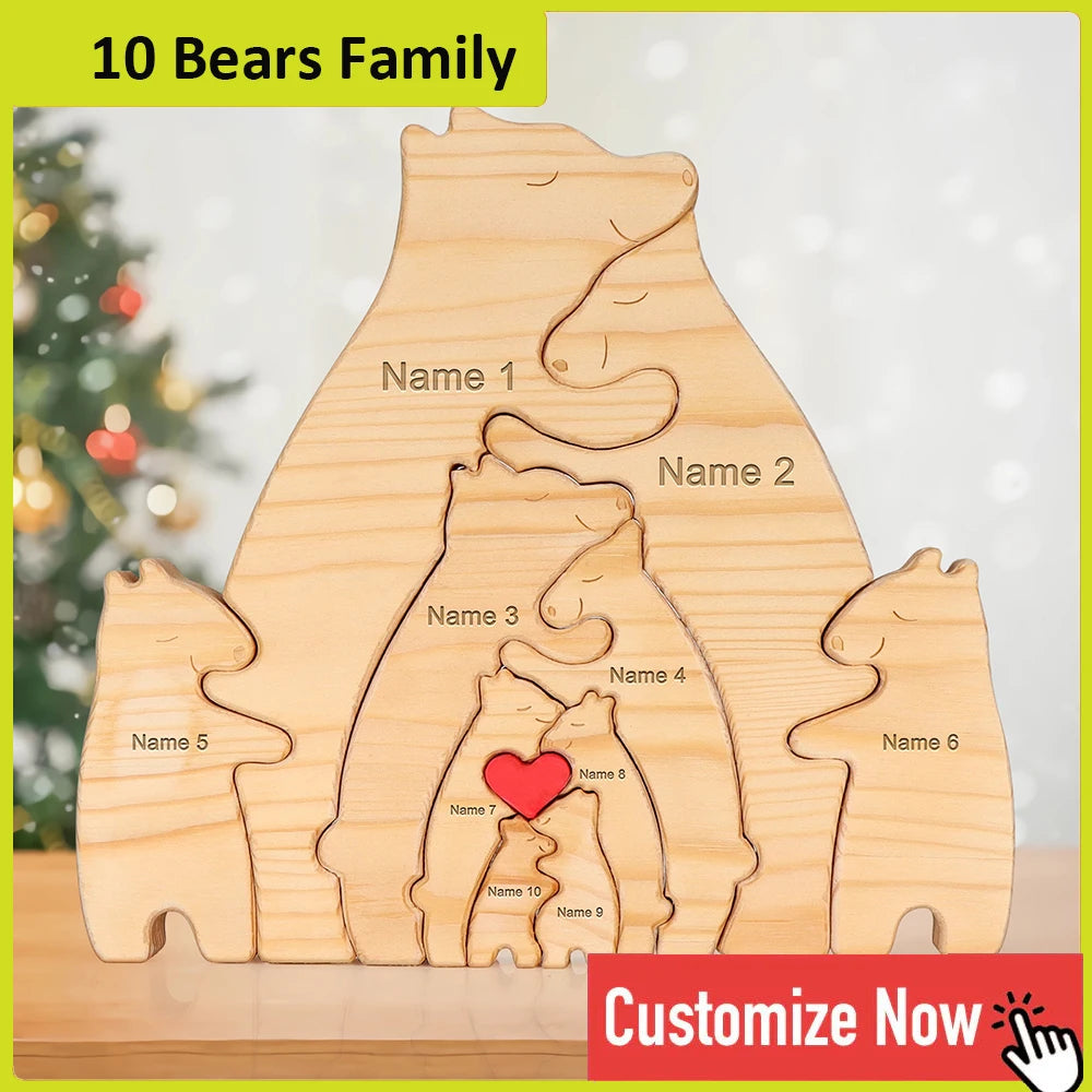Personalized Custom Bear Family Wooden Puzzle DIY Free Engraving Name Sculpture Home DeskDecor Figurines Christmas Birthday Gift
