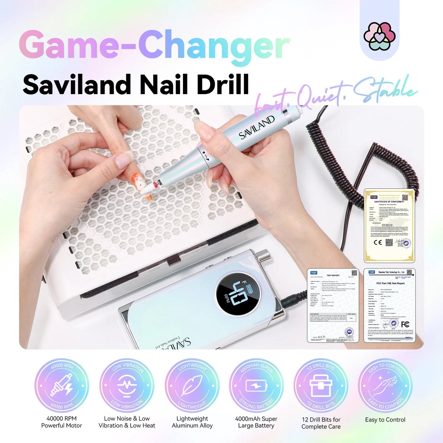 SAVILAND Professional Rechargeable 40000RPM Electric Nail Drill Machine with 12 Drill Bits Nail File for Acrylic Nails Removing