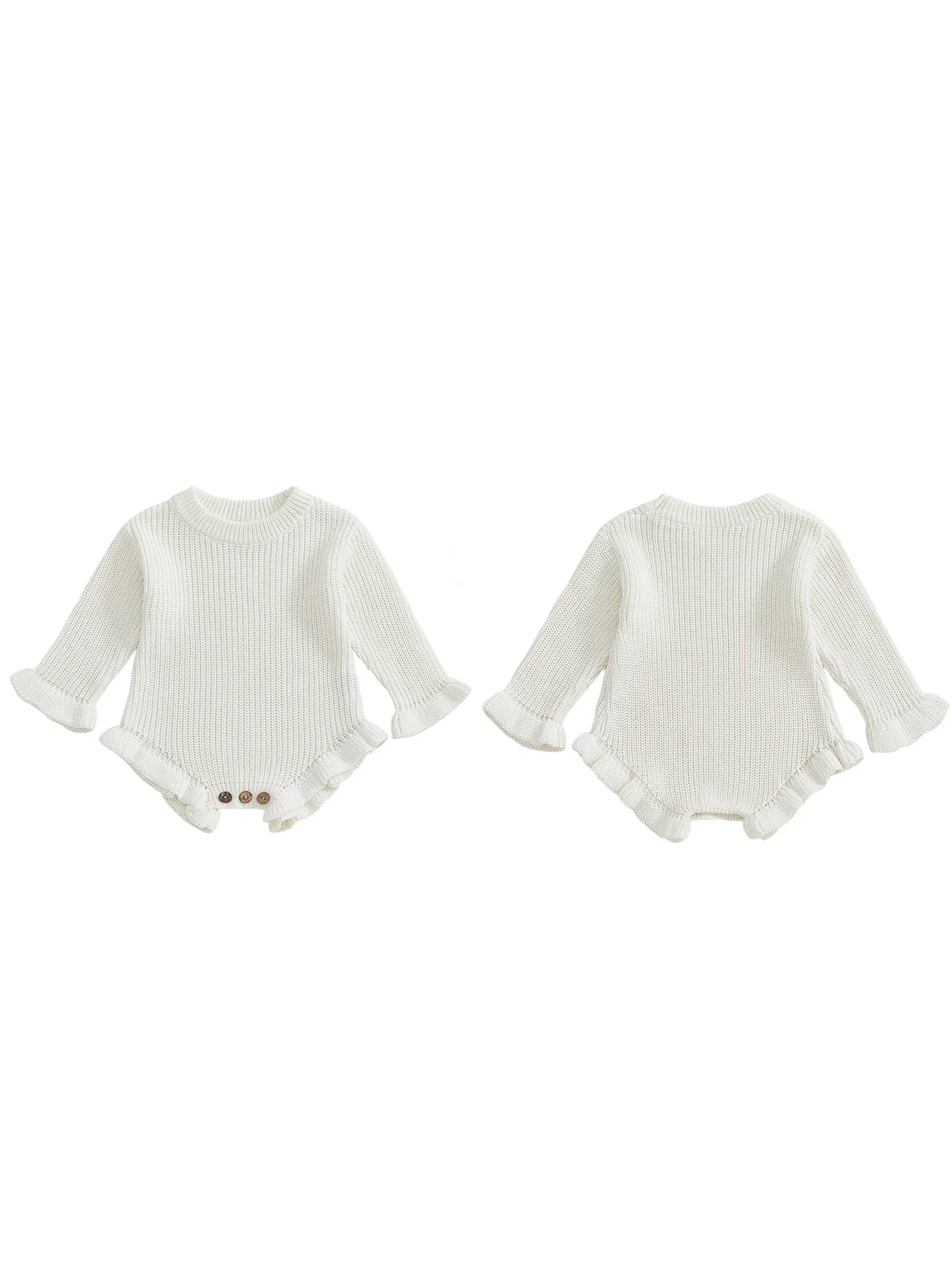 Infant Autumn Knitted Bodysuit with Ruffled Sleeves and Round Neckline Solid Color Sweater Jumpsuit for Baby Girls