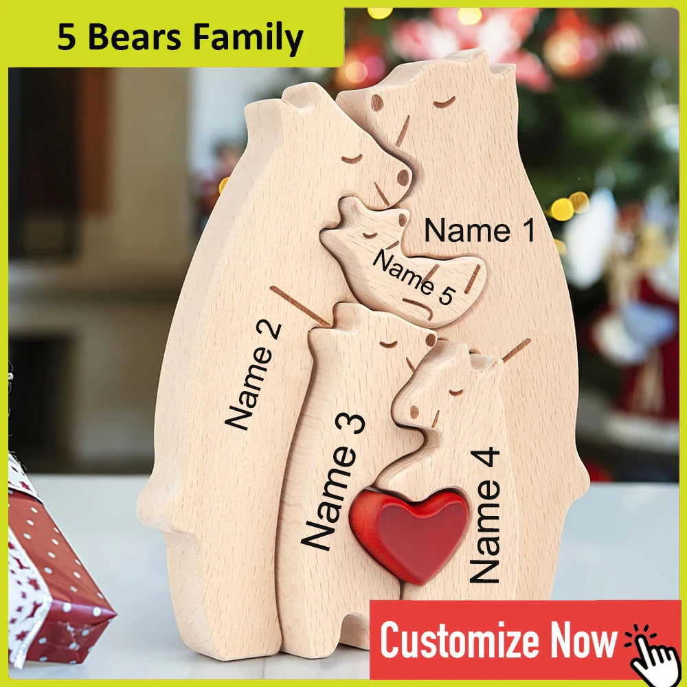 Personalized Custom Bear Family Wooden Puzzle DIY Free Engraving Name Sculpture Home DeskDecor Figurines Christmas Birthday Gift