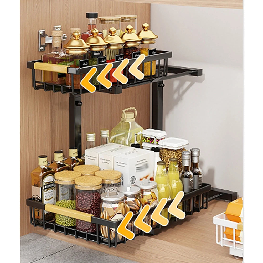 Under Sink Organizer, Pull Out Cabinet Organizer 2 Tier Slide Out Sink Shelf, Carbon Steel Cabinet Storage Shelves For Kitchen