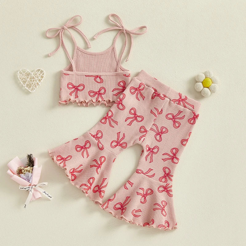 Girls Summer Outfits Adorable Bowknot Print Tie-Up Spaghetti Strap Sleeveless Tank Top with Flare Pants - 2 Piece Clothing Set
