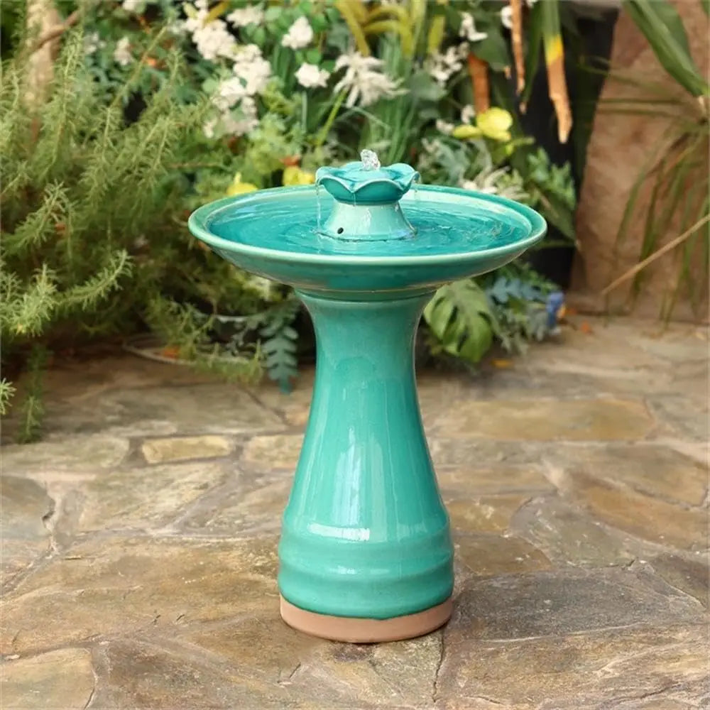 22 Inch Ceramic Bird Bath Fountain, Elegant Glazed Outdoor Water Feature with Lotus Design, Freestanding Waterfall