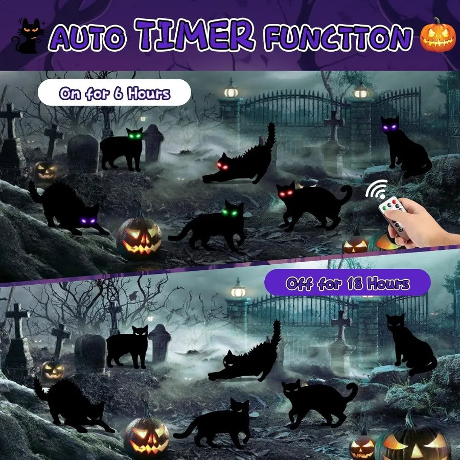 6Pack Black Cat Halloween Decorations Outdoor with LED Glowing Eyes Lights Black Cat Yard Stakes Halloween Decor Waterproof Out