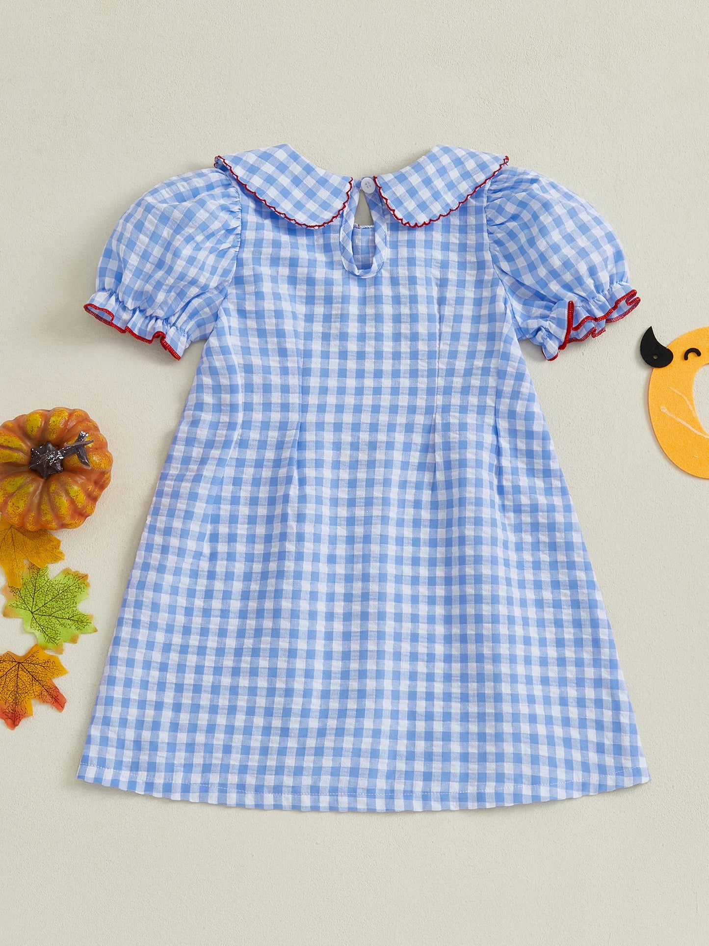 Girls Halloween Costume Pumpkin Embroidery Plaid Dress with Short Sleeves for Toddler Girls - Adorable Halloween Outfit