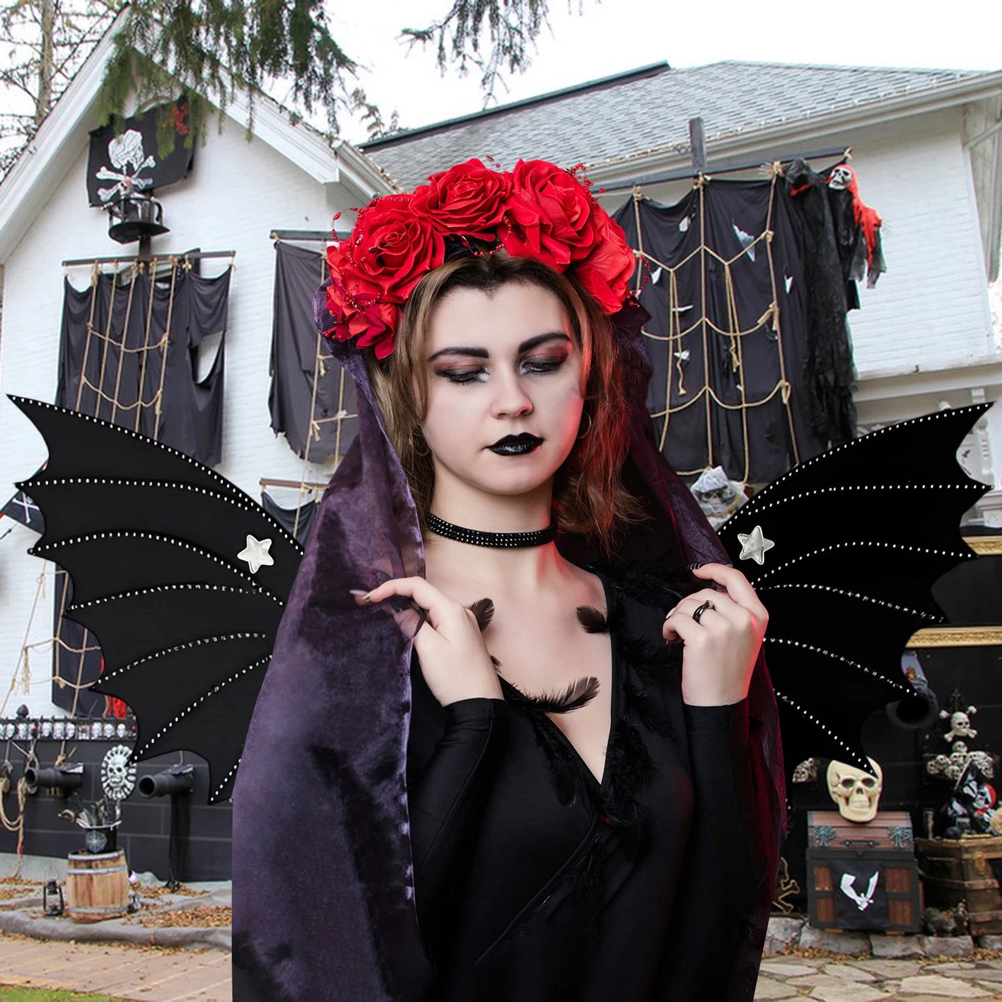 Halloween Gothic Black Bat Wing Star Decor Devil Wings Costume Accessories for Adults Unisex Halloween Party
