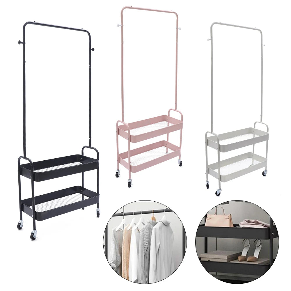 Mobile Clothing Storage Rack Clothing Hanging Rack with 2 Tiers Garment Storage Organizer Stand with Wheels, Black/White/Pink