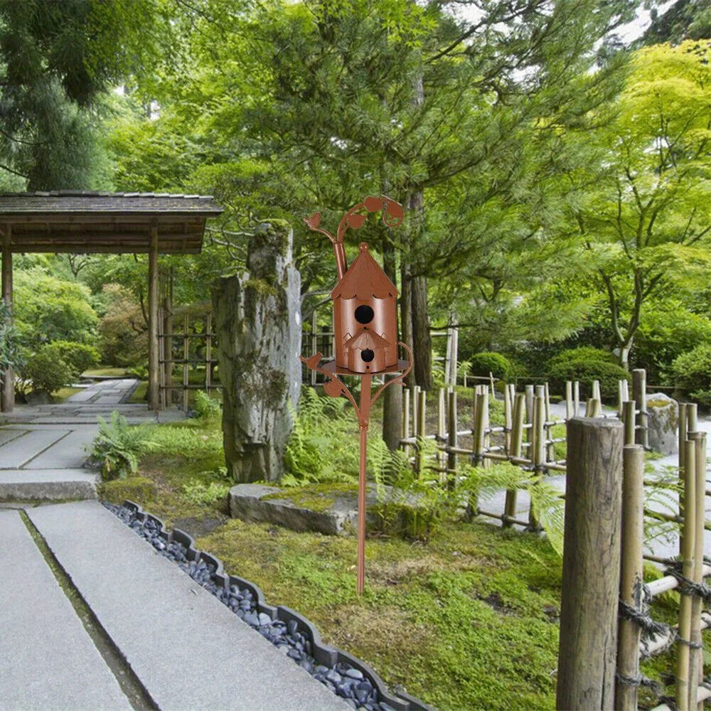 Metal Birdhouse Art Stake Outdoor Rustic Bird House Stand Garden Yard Decor