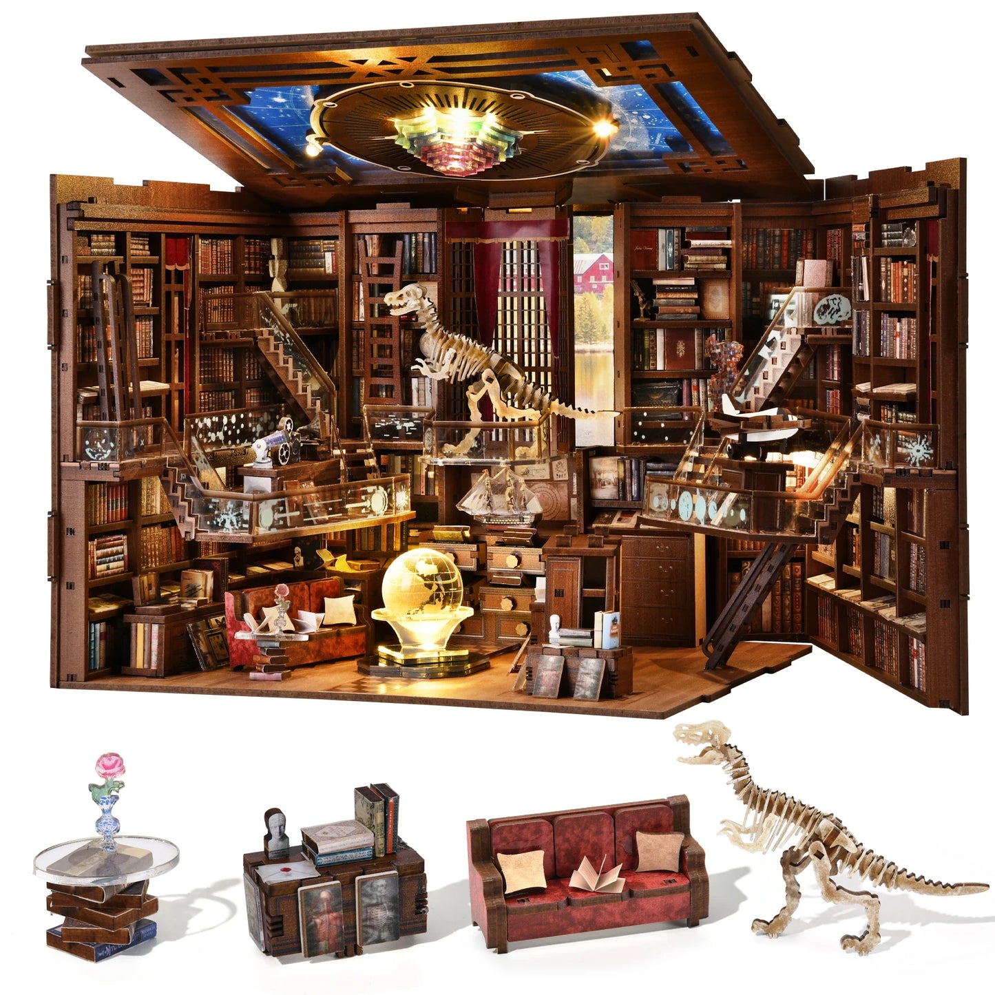 𝗠𝗶𝗻𝗶𝗖𝗶𝘁𝘆 DIY Book Nook Kit: 3D Wooden Puzzle Shelf Insert with LED Light - Miniature Dollhouse Bookend Decor for Adults