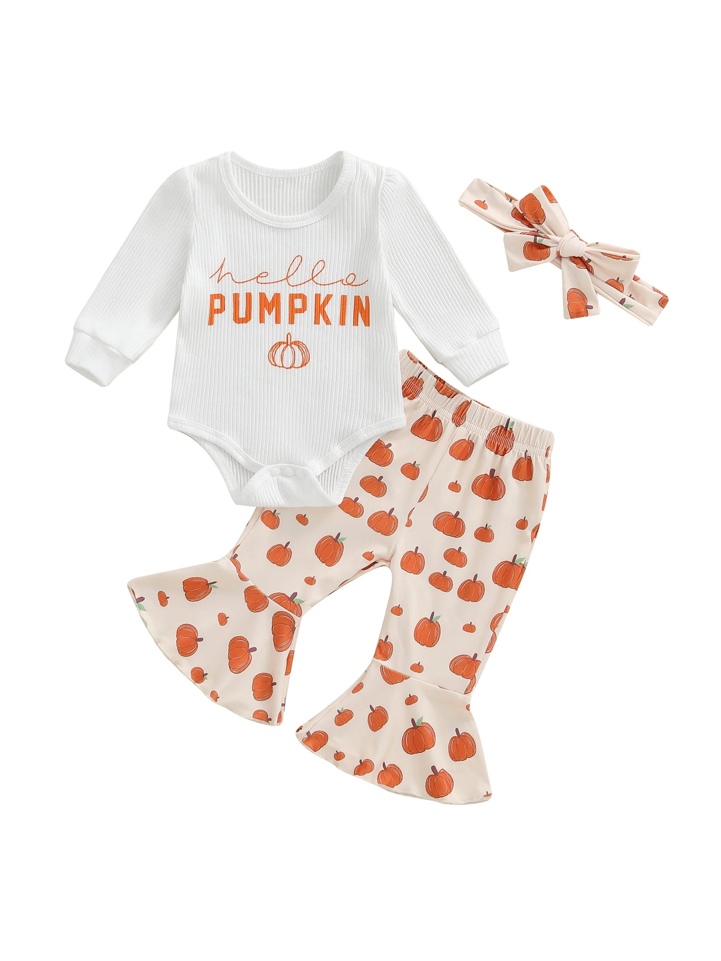 Toddler Girl Halloween Costume Ghost Print Long Sleeve Romper Flare Pants and Headband 3 Piece Set for Party