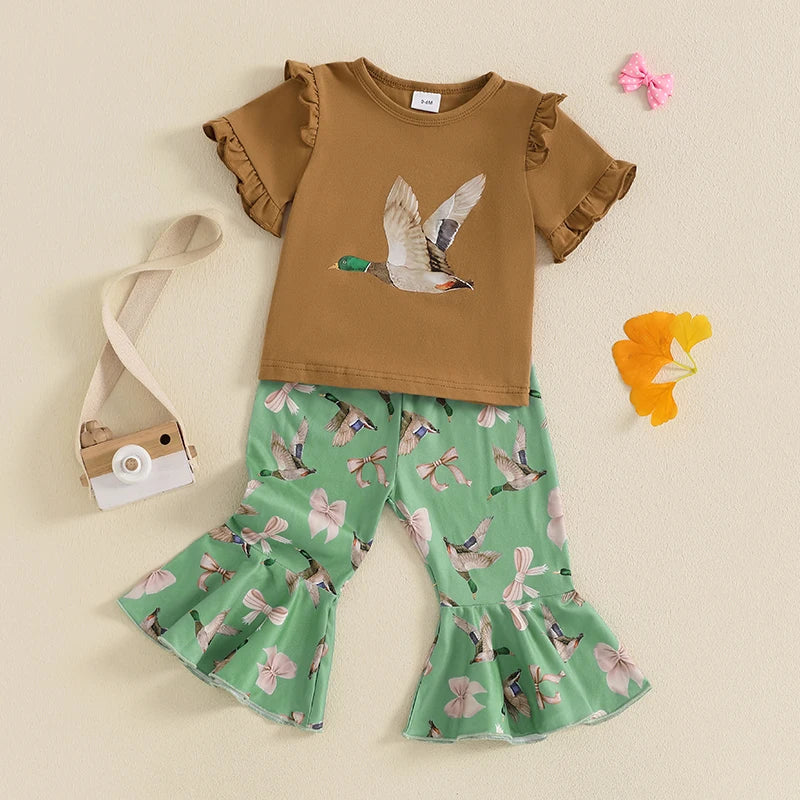 Girls Summer Outfits Adorable Duck Bow Print Ruffles Short-Sleeve Top and Elastic Flare Pants Set for a Stylish Look