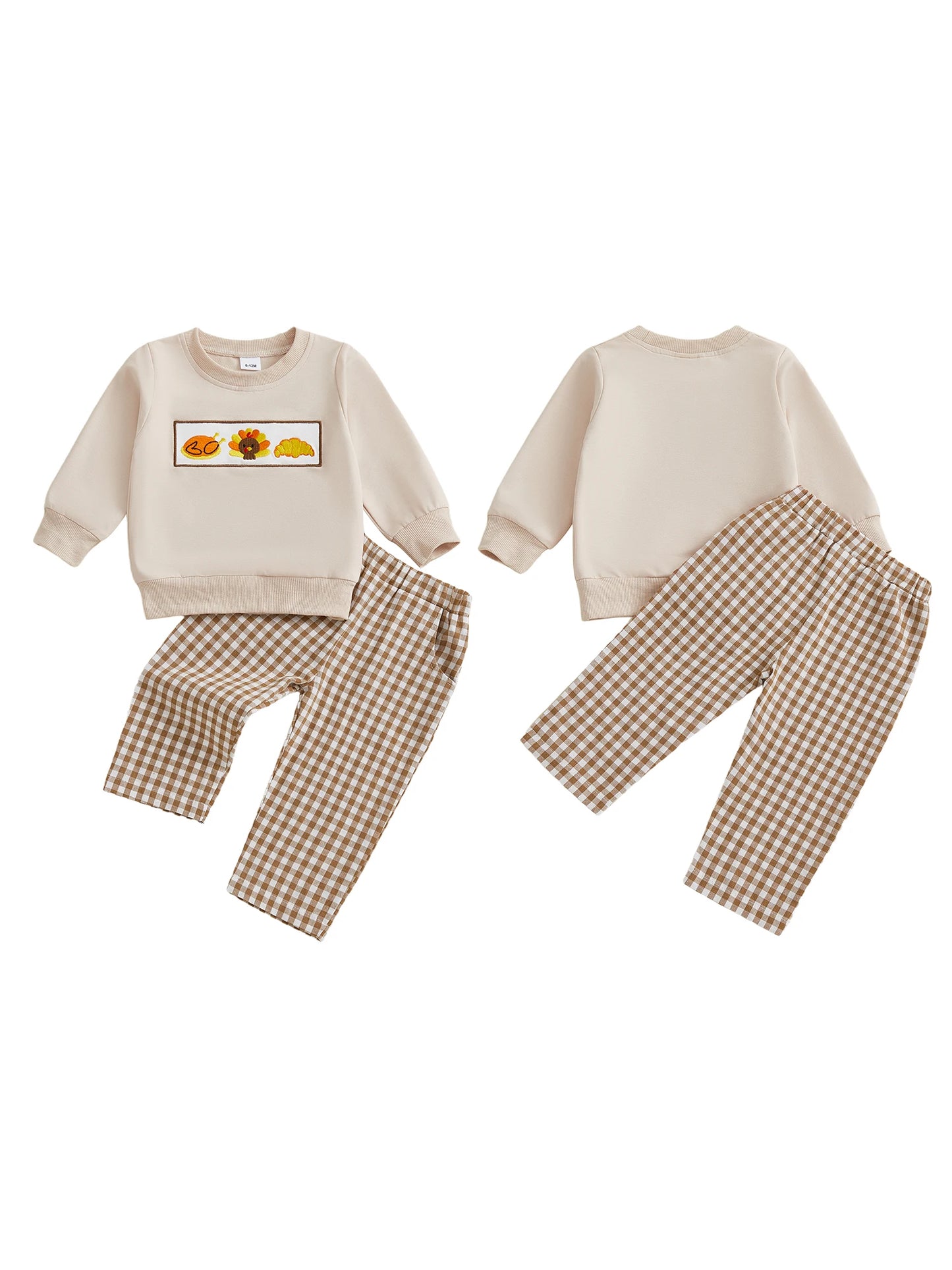 Baby Thanksgiving Outfit Turkey Print Long Sleeve Top and Plaid Pants Set with Elastic Waistband for Toddler Girls
