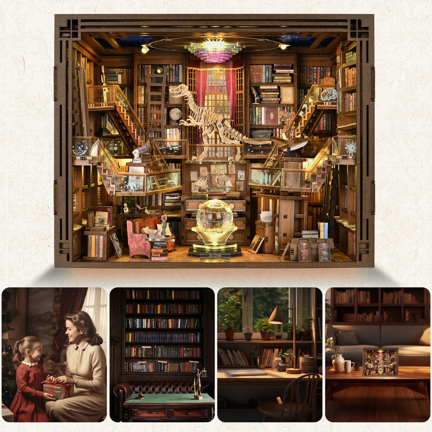 𝗠𝗶𝗻𝗶𝗖𝗶𝘁𝘆 DIY Book Nook Kit: 3D Wooden Puzzle Shelf Insert with LED Light - Miniature Dollhouse Bookend Decor for Adults