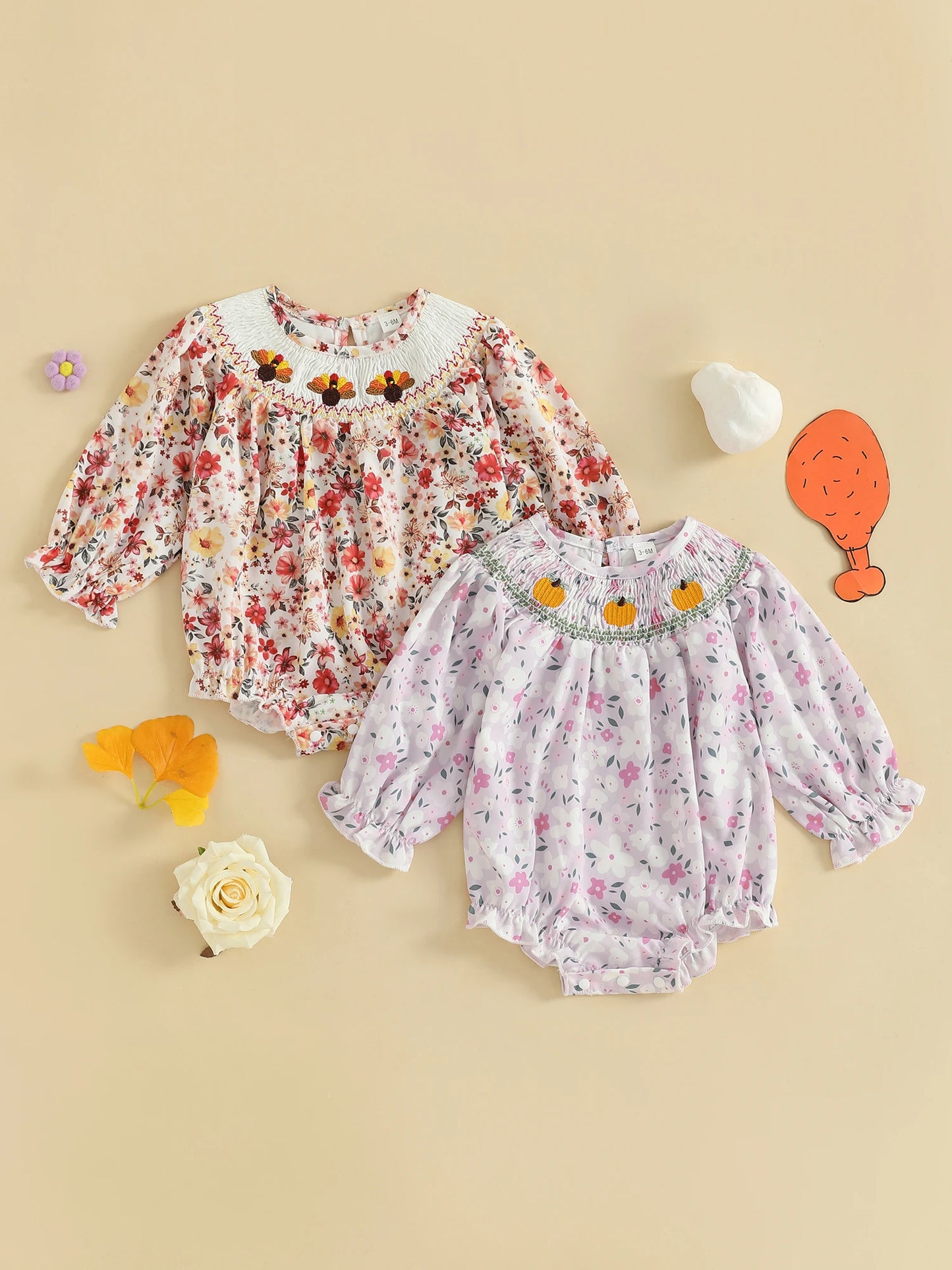 Thanksgiving Baby Girl Romper with Turkey and Pumpkin Print Long Sleeve Crewneck Smocked Bodysuit for Fall Adorable Autumn