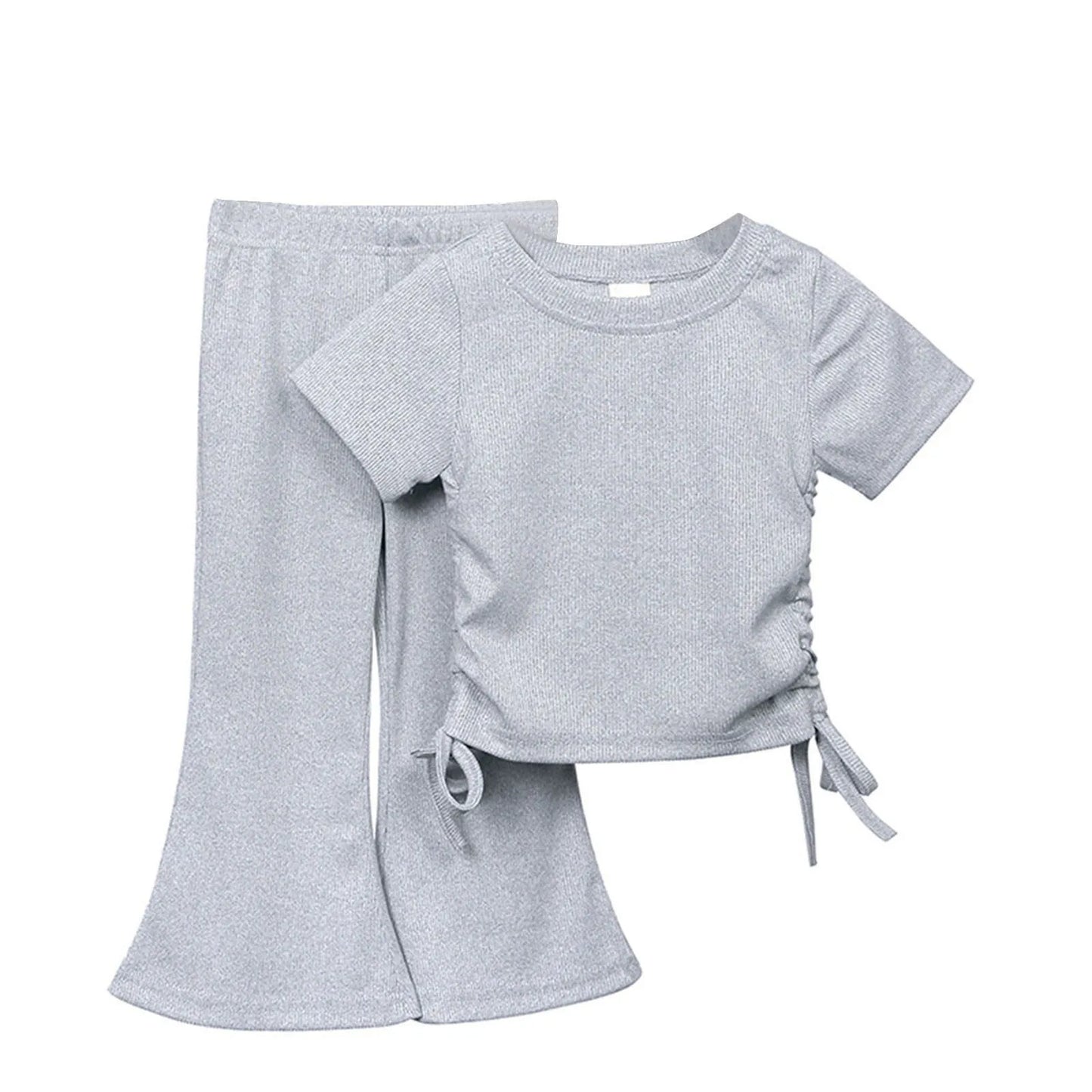 New Korean Short sleeved Set Summer Solid Color Pullover Top+Flare Pants Thin Casual Two Piece Set Suitable for Girls Aged 2-8