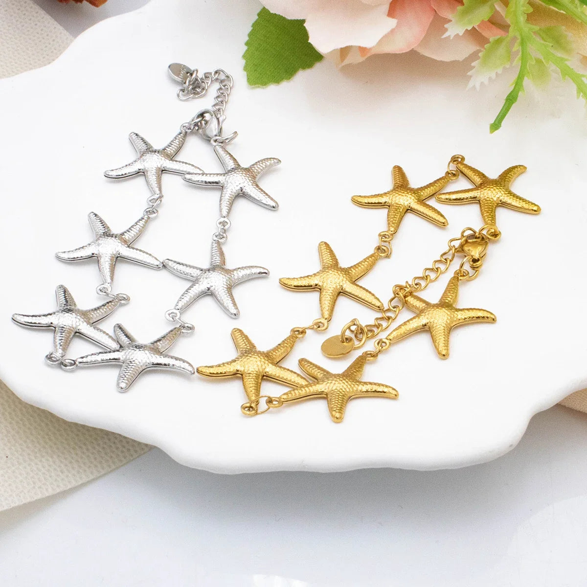 2025 New Gold Color Stainless Steel Starfish Bracelet for Women - Cute Adjustable Jewelry, Hypoallergenic Gift for Girls