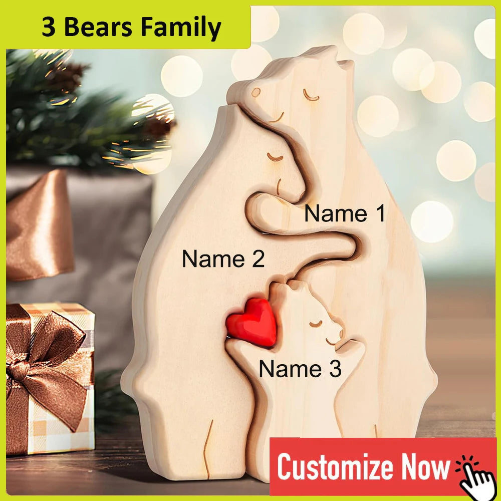 Personalized Custom Bear Family Wooden Puzzle DIY Free Engraving Name Sculpture Home DeskDecor Figurines Christmas Birthday Gift