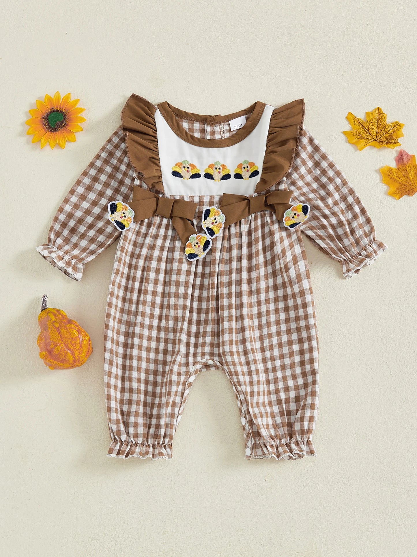 Adorable Infant Girls Fall Plaid Romper with Festive Pumpkin and Turkey Embroidery Cozy Long Sleeve Jumpsuit for Thanksgiving