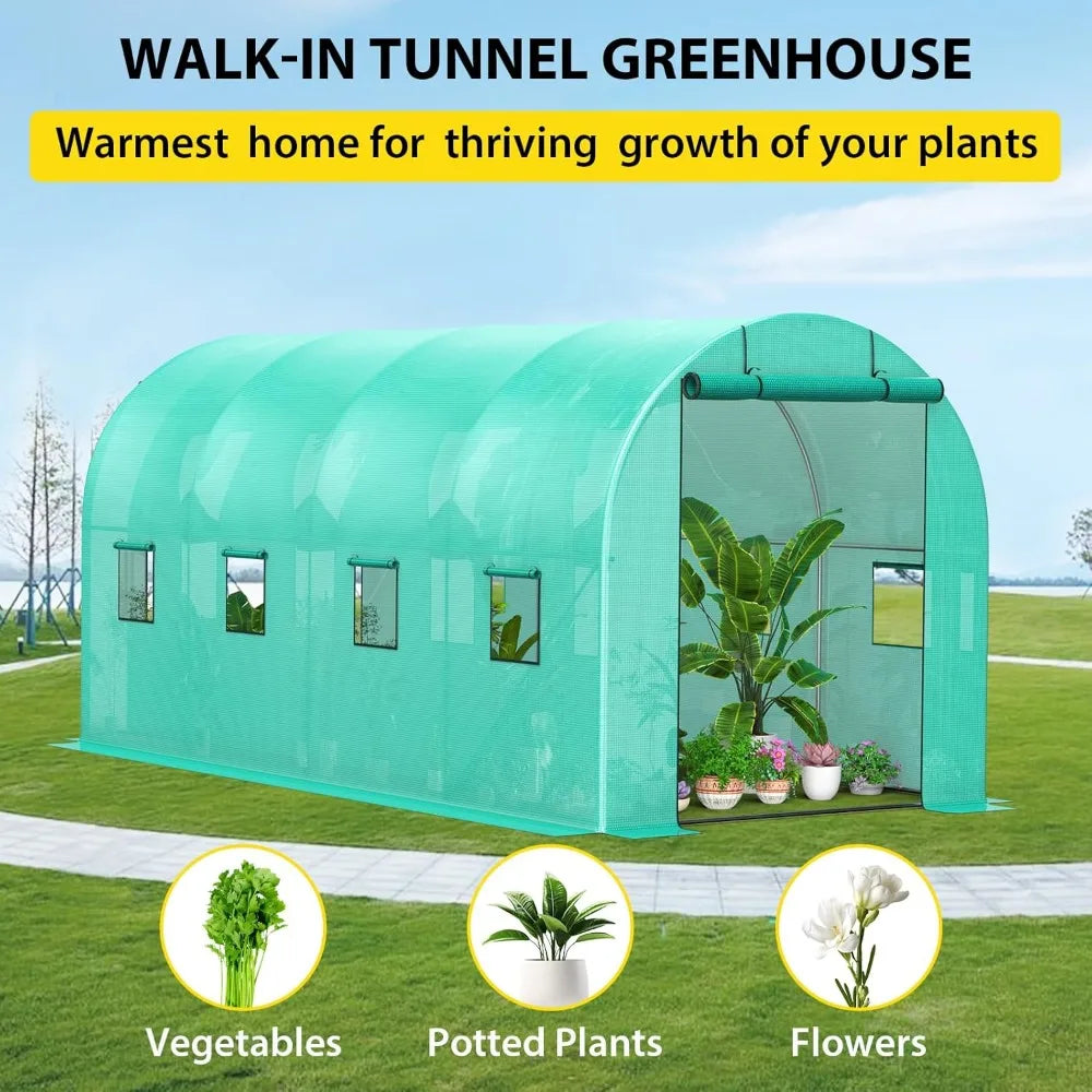 15x7x7 FT Walk-in Greenhouse with 2 Roll-Up Zipper Doors and 8 Windows, Garden Plant Hot House with Galvanized Steel Frame