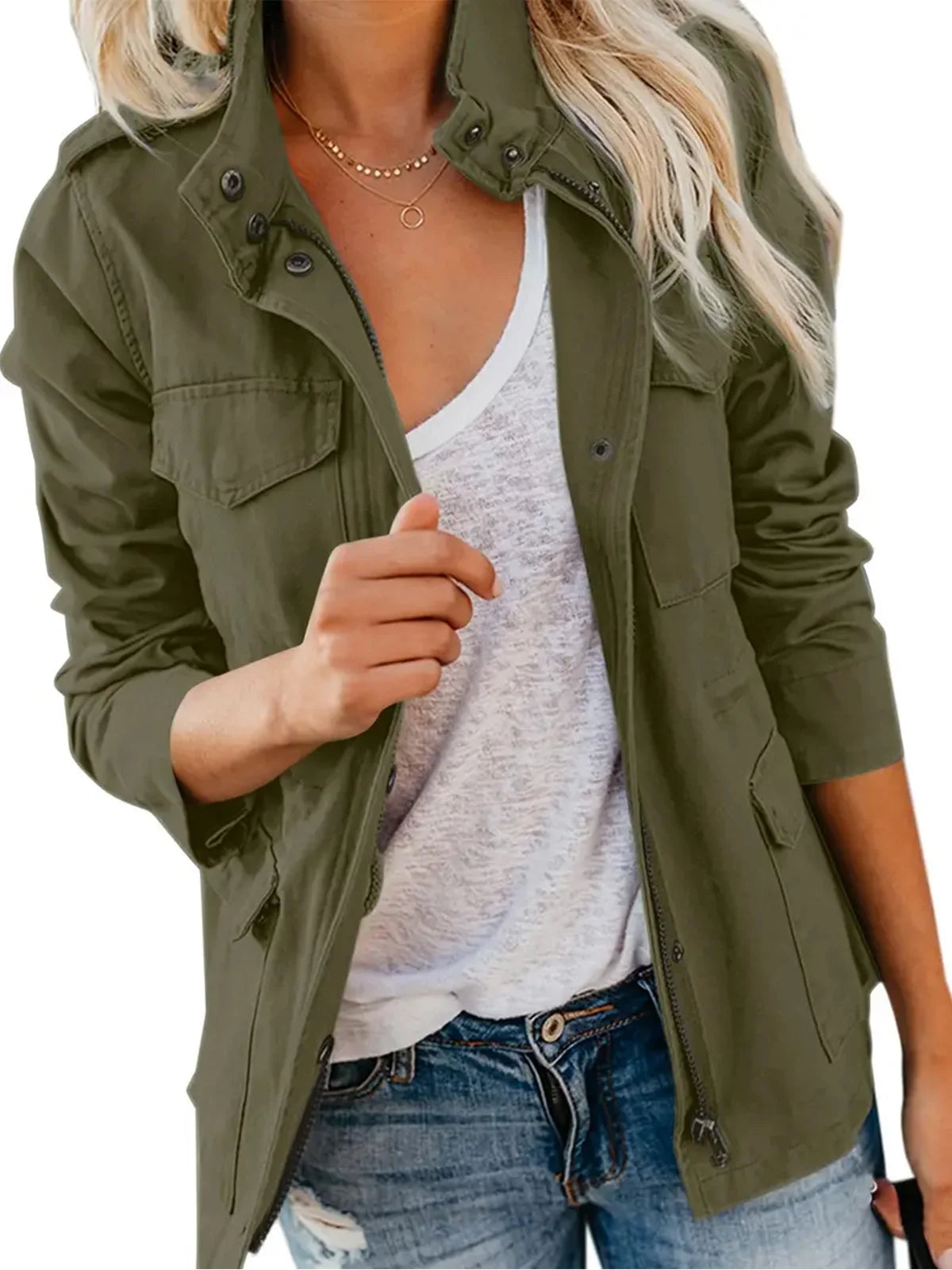 Women’s Lightweight Military Anorak Jackets Zip Up Snap Buttons Parka Safari Utility Coats Outwear with Pockets